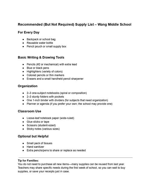 Recommended Supply List